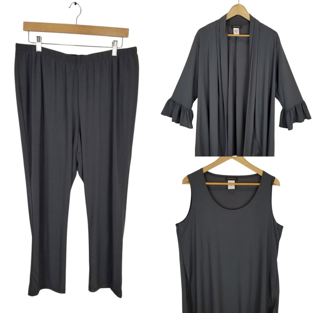 Slinky Brand Stretch Knit 3 Piece Set Gray Tank Jacket Pants Women's Size PXL